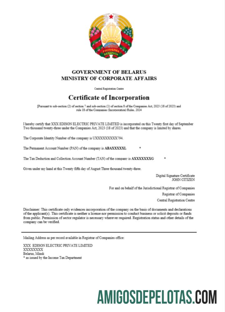 Certificado de registro da Bielorrússia para impressão, modelo Word e PDF